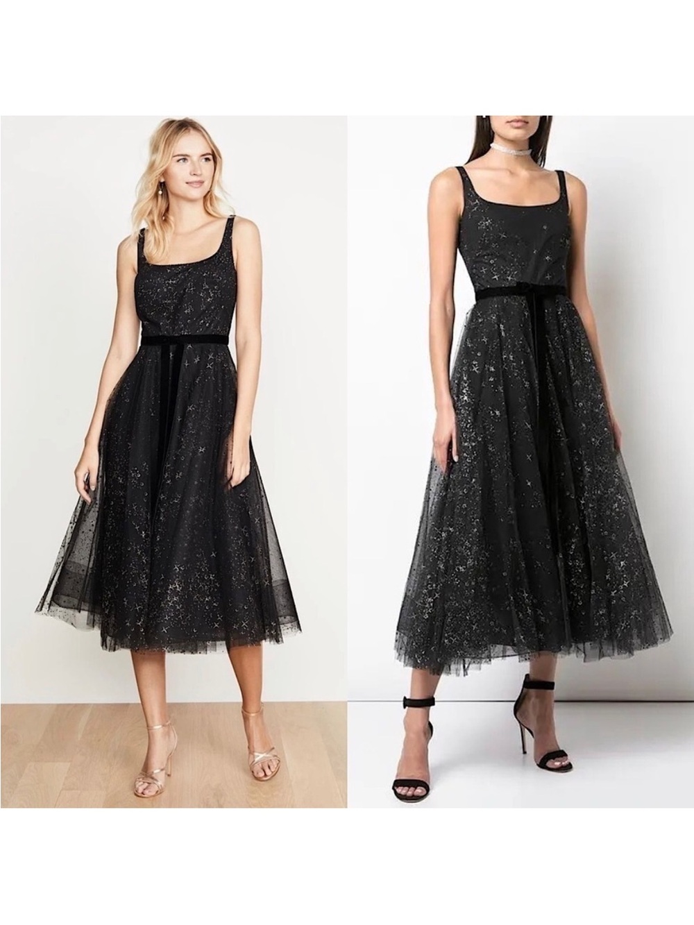 Marchesa Black Glitter Star Tulle Midi Dress with Velvet Belt